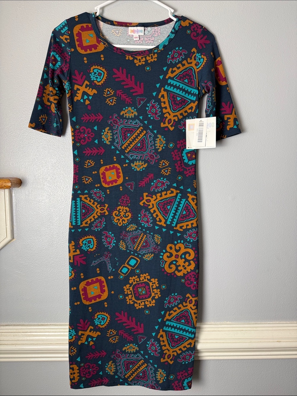 LuLaRoe Teal Geometric Midi Dress with Mustard & Magenta Accents